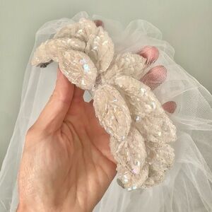 Vintage 1980s 1990s Bridal Two Tier White Sequined Beaded Tulle Wedding Veil